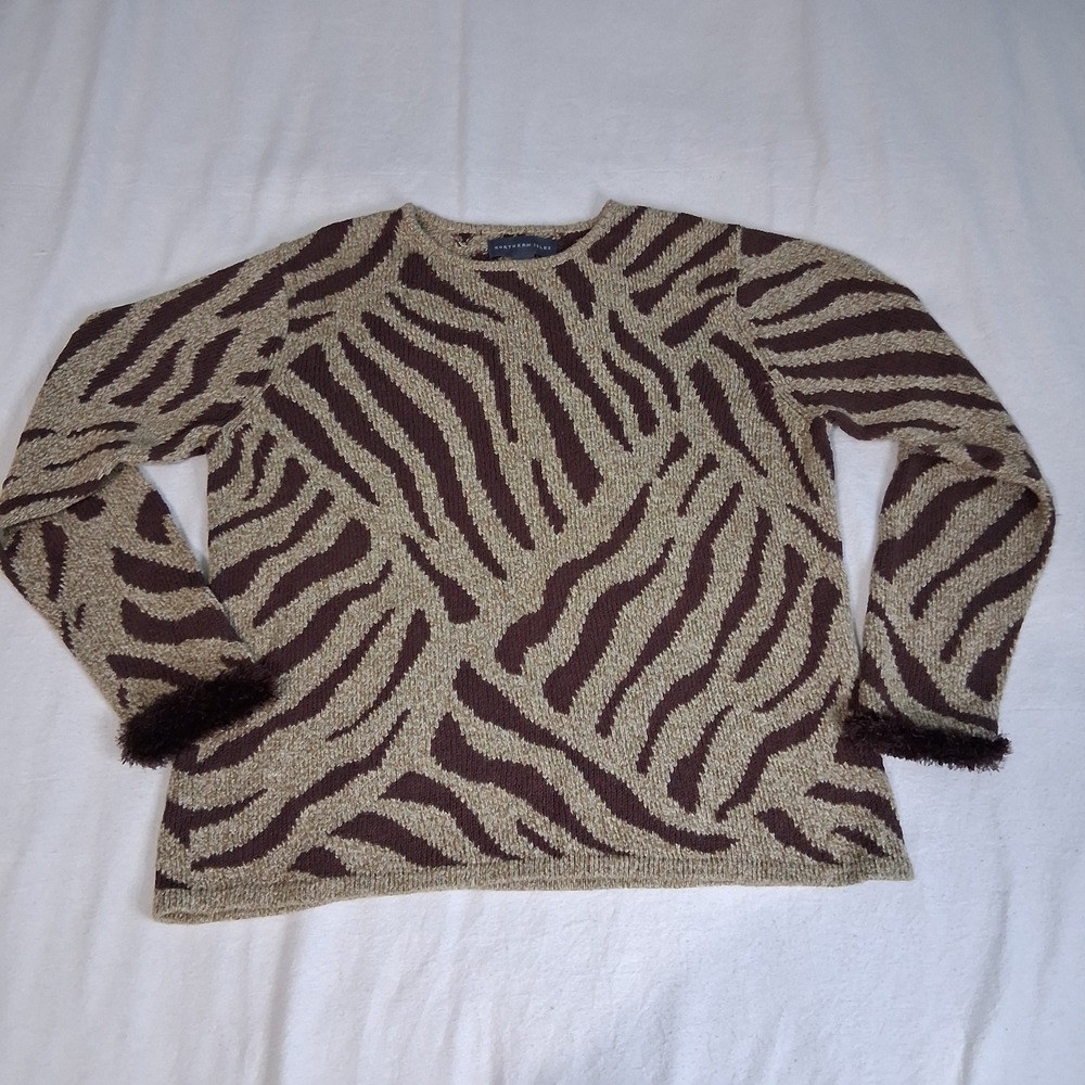 Vtg Northern Isles Linen Silk Blend Zebra Print Faux Fur Cuff‎ Sweater Size S